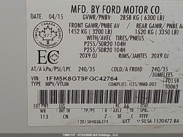 Продажа на аукционе авто 2015 Ford Explorer Sport, vin: 1FM5K8GT9FGC42764, номер лота: 12661137