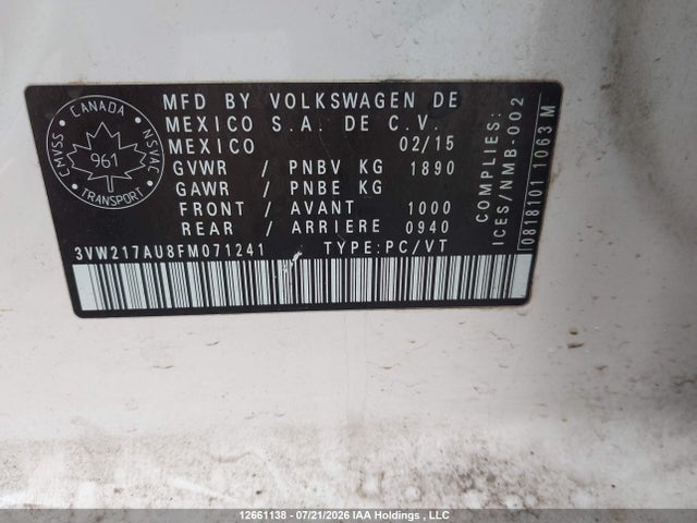 Aukcja sprzedaży 2015 Volkswagen Golf 1.8 Tsi Comfortline/1.8 Tsi Highline/1.8 Tsi Trendline, vin: 3VW217AU8FM071241, numer aukcji: 12661138