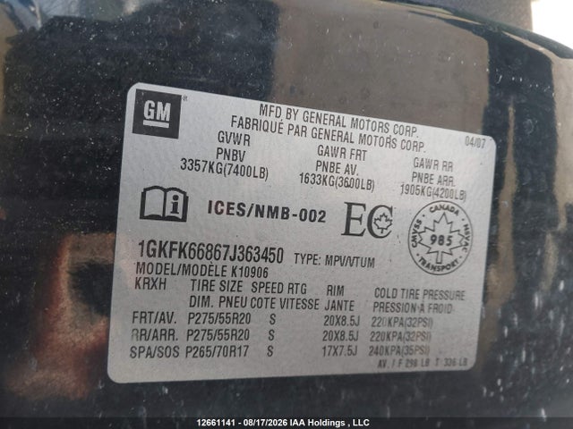 Продаж на аукціоні авто 2007 Gmc Yukon Xl 1500 Denali, vin: 1GKFK66867J363450, номер лоту: 12661141