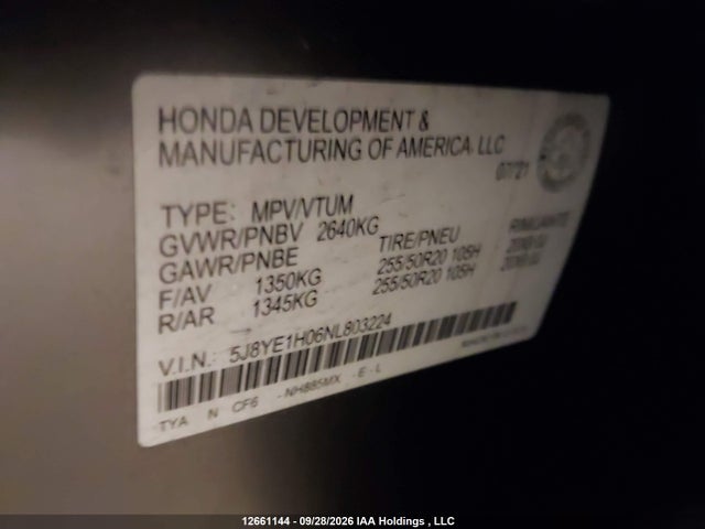 12661144 :رقم المزاد ، 5J8YE1H06NL803224 vin ، 2022 Acura Mdx مزاد بيع