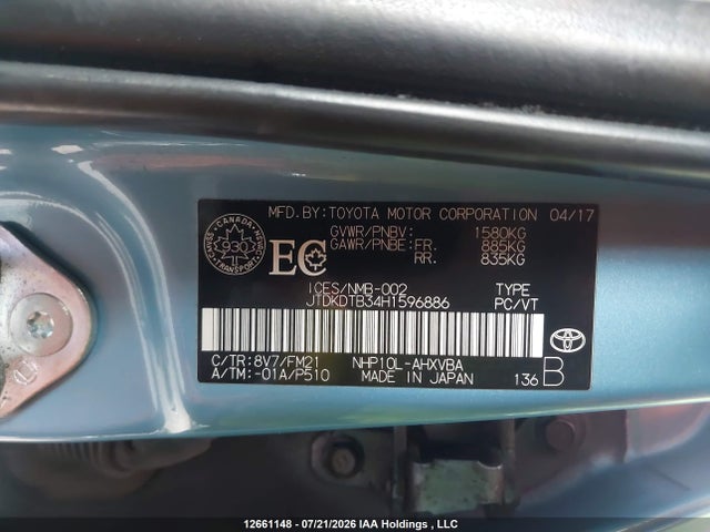 Aukcja sprzedaży 2017 Toyota Prius C Technology, vin: JTDKDTB34H1596886, numer aukcji: 12661148