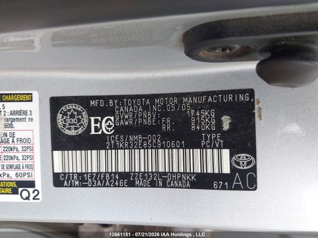 12661151 :رقم المزاد ، 2T1KR32E85C910601 vin ، 2005 Toyota Corolla Matrix Xr مزاد بيع