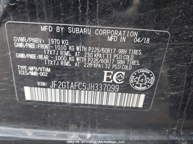 12661156 :رقم المزاد ، JF2GTAFC5JH337099 vin ، 2018 Subaru Crosstrek Premium مزاد بيع