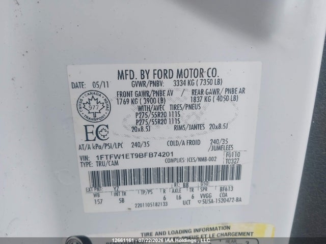 12661161 :رقم المزاد ، 1FTFW1ET9BFB74201 vin ، 2011 Ford F150 Supercrew مزاد بيع