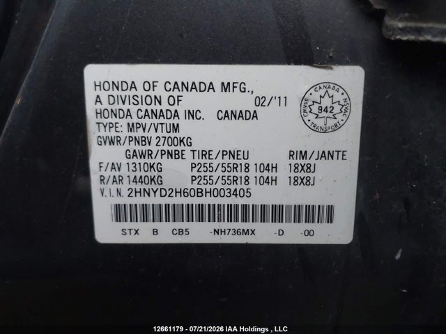 Aukcja sprzedaży 2011 Acura Mdx, vin: 2HNYD2H60BH003405, numer aukcji: 12661179