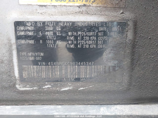 12661185 :رقم المزاد ، 4S4BRGKC9B3445347 vin ، 2011 Subaru Outback 2.5i Limited مزاد بيع