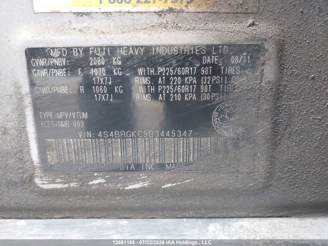 12661185 :رقم المزاد ، 4S4BRGKC9B3445347 vin ، 2011 Subaru Outback 2.5i Limited مزاد بيع