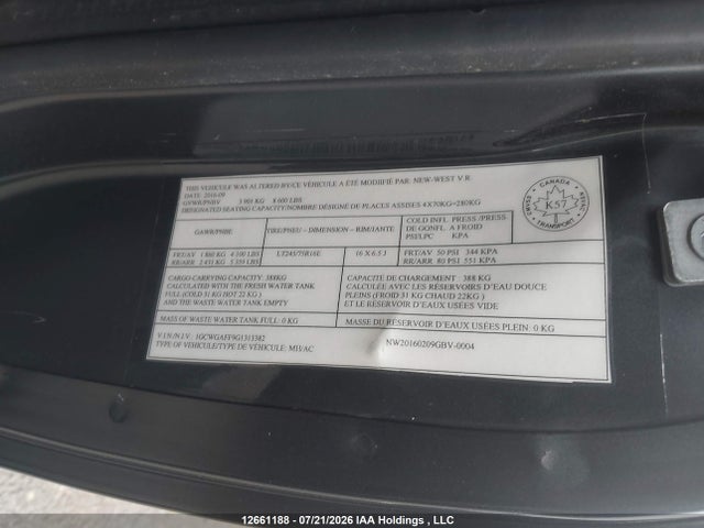 Auction sale of the 2016 Chevrolet Express 2500 1wt, vin: 1GCWGAFF9G1313382, lot number: 12661188