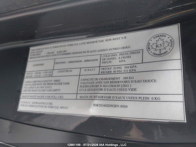 Auction sale of the 2016 Chevrolet Express 2500 1wt, vin: 1GCWGAFF9G1313382, lot number: 12661188