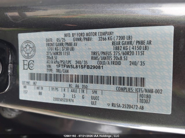 12661192 :رقم المزاد ، 1FTFW5L81SFB29081 vin ، 2025 Ford F150 Lariat مزاد بيع
