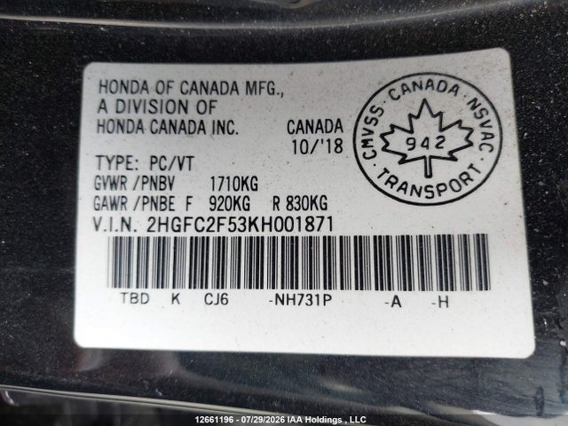 12661196 :رقم المزاد ، 2HGFC2F53KH001871 vin ، 2019 Honda Civic Lx مزاد بيع