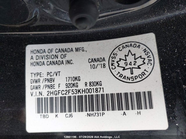 12661196 :رقم المزاد ، 2HGFC2F53KH001871 vin ، 2019 Honda Civic Lx مزاد بيع