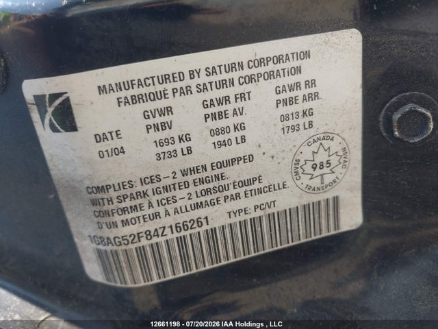 Aukcja sprzedaży 2004 Saturn Ion, vin: 1G8AG52F84Z166261, numer aukcji: 12661198