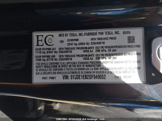 Tesla MODEL 3 2025 5YJ3E1EB2SF949052 Image 9