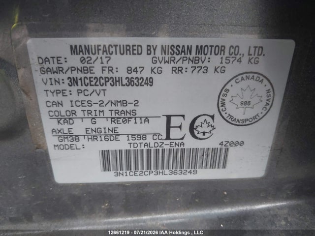 Aukcja sprzedaży 2017 Nissan Versa Note S/s Plus/sv/sl/sr, vin: 3N1CE2CP3HL363249, numer aukcji: 12661219