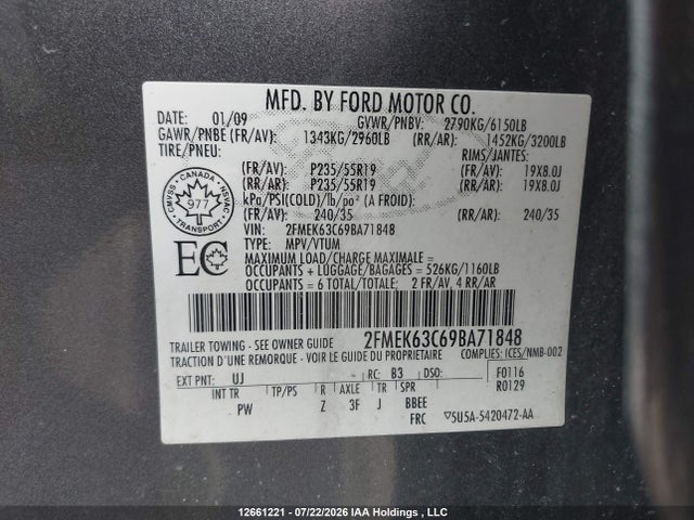 12661221 :رقم المزاد ، 2FMEK63C69BA71848 vin ، 2009 Ford Flex Limited مزاد بيع