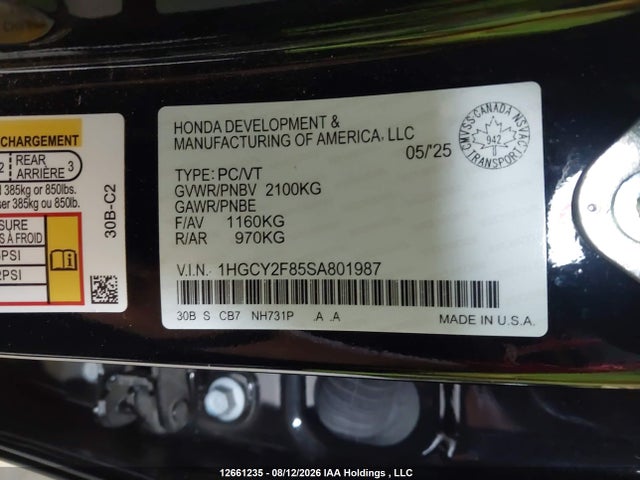 12661235 :رقم المزاد ، 1HGCY2F85SA801987 vin ، 2025 Honda Accord Touring Hybrid مزاد بيع