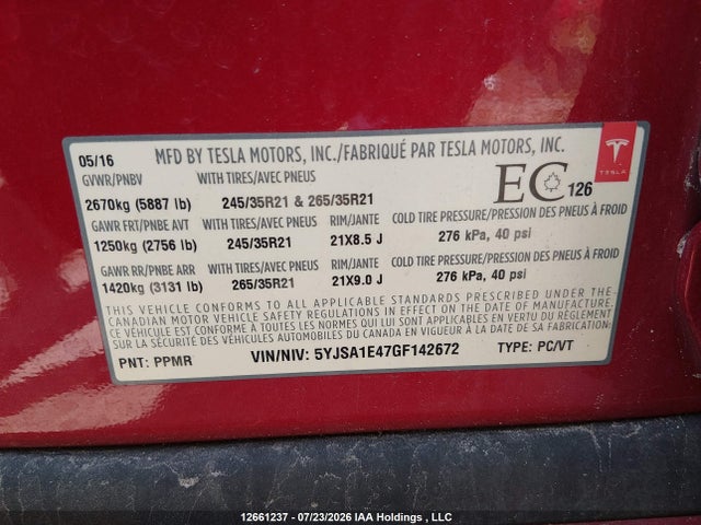 Tesla MODEL S 2016 5YJSA1E47GF142672 Image 9