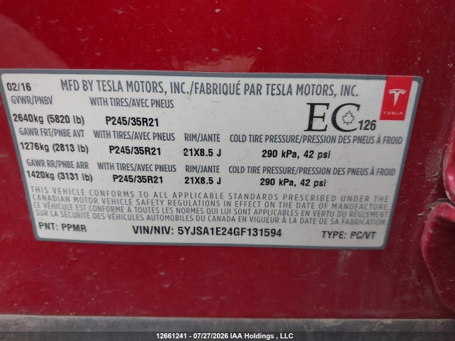 5YJSA1E24GF131594 Tesla MODEL S