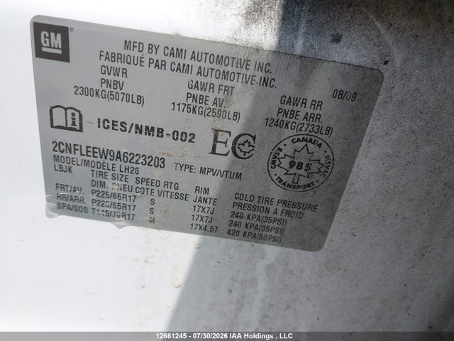 Продажа на аукционе авто 2010 Chevrolet Equinox Lt, vin: 2CNFLEEW9A6223203, номер лота: 12661245