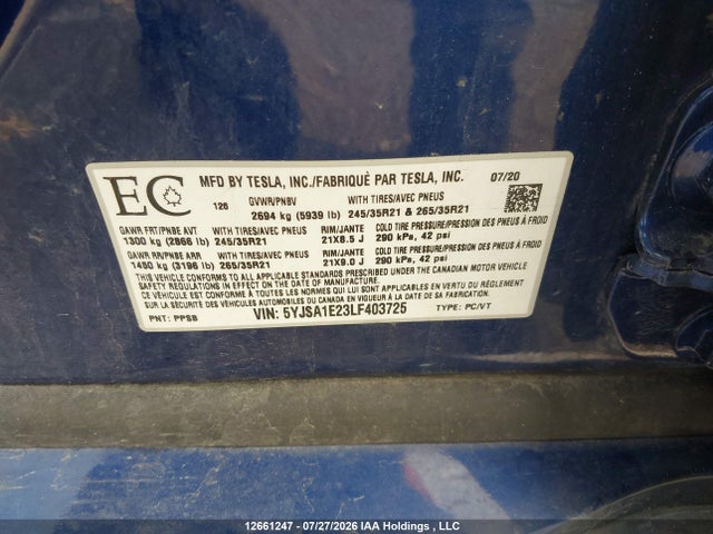 Tesla MODEL S 2020 5YJSA1E23LF403725 Image 19