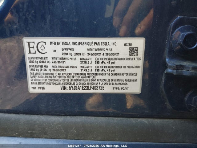 Tesla MODEL S 2020 5YJSA1E23LF403725 Image 9