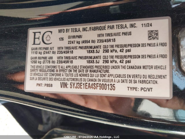 Aukcja sprzedaży 2025 Tesla Model 3 Long Range Rear-wheel Drive/standard Rear-wheel Drive, vin: 5YJ3E1EA4SF900135, numer aukcji: 12661250