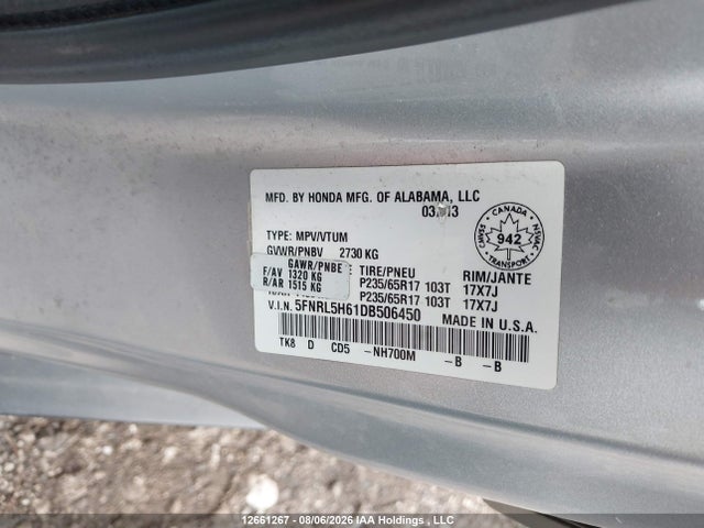 Продаж на аукціоні авто 2013 Honda Odyssey Ex-l, vin: 5FNRL5H61DB506450, номер лоту: 12661267