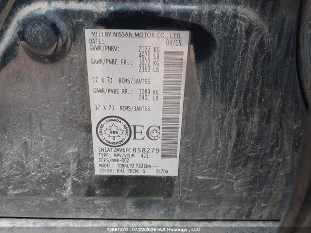 5N1AT2MV6FC858279 Nissan Rogue S/sl/sv