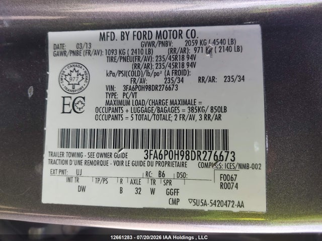 12661283 :رقم المزاد ، 3FA6P0H98DR276673 vin ، 2013 Ford Fusion Se مزاد بيع