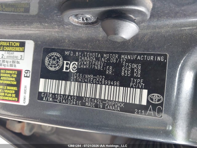 2012 Toyota Corolla Matrix მანქანა იყიდება აუქციონზე, vin: 2T1KU4EE6CC899496, აუქციონის ნომერი: 12661284