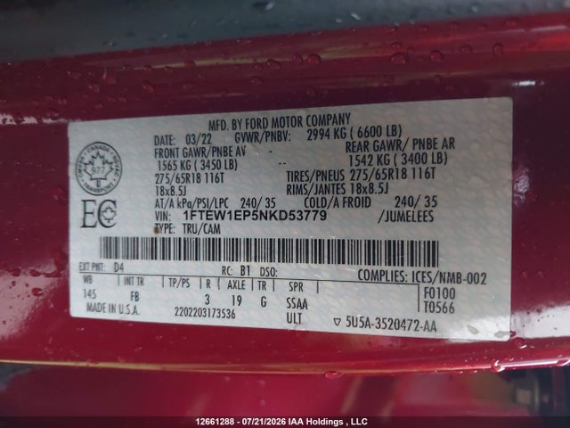 1FTEW1EP5NKD53779 Ford F-150 Lariat/xl/xlt