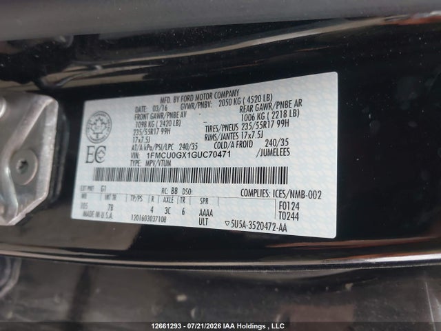 Ford ESCAPE SE 2016 1FMCU0GX1GUC70471 Image 9