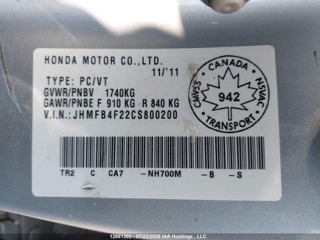 12661302 :رقم المزاد ، JHMFB4F22CS800200 vin ، 2012 Honda Civic Hybrid مزاد بيع