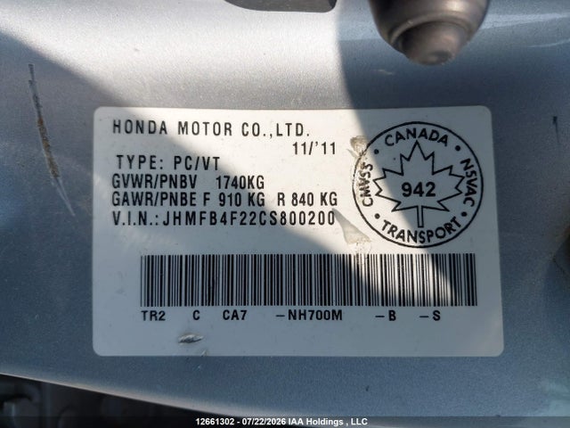 12661302 :رقم المزاد ، JHMFB4F22CS800200 vin ، 2012 Honda Civic Hybrid مزاد بيع