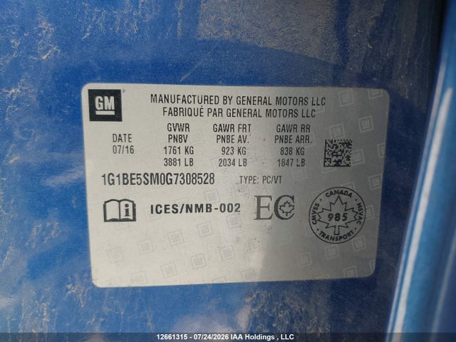 12661315 :رقم المزاد ، 1G1BE5SM0G7308528 vin ، 2016 Chevrolet Cruze Lt مزاد بيع