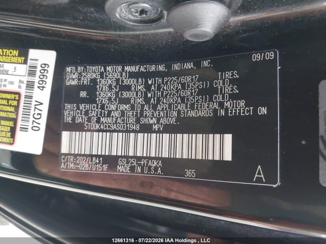 12661316 :رقم المزاد ، 5TDDK4CC9AS031948 vin ، 2010 Toyota Sienna مزاد بيع