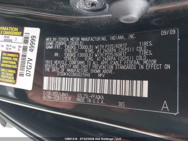 12661316 :رقم المزاد ، 5TDDK4CC9AS031948 vin ، 2010 Toyota Sienna مزاد بيع