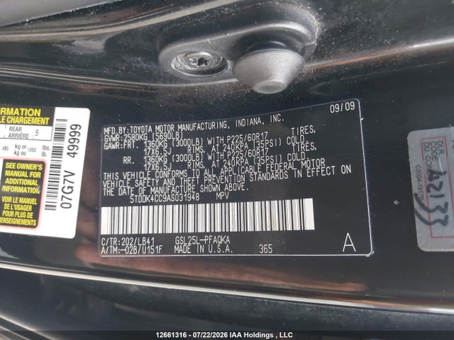 12661316 :رقم المزاد ، 5TDDK4CC9AS031948 vin ، 2010 Toyota Sienna مزاد بيع