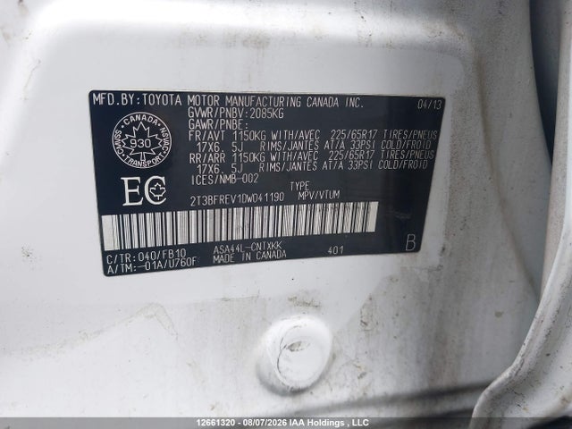 Aukcja sprzedaży 2013 Toyota Rav4 Le, vin: 2T3BFREV1DW041190, numer aukcji: 12661320