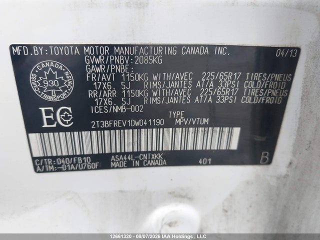 Aukcja sprzedaży 2013 Toyota Rav4 Le, vin: 2T3BFREV1DW041190, numer aukcji: 12661320