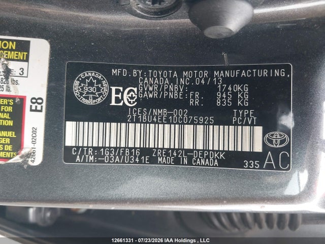 Продаж на аукціоні авто 2013 Toyota Corolla S/le, vin: 2T1BU4EE1DC075925, номер лоту: 12661331
