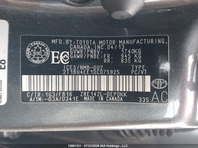 Продаж на аукціоні авто 2013 Toyota Corolla S/le, vin: 2T1BU4EE1DC075925, номер лоту: 12661331