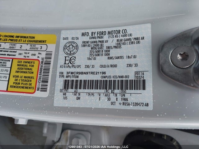 12661343 :رقم المزاد ، 3FMCR9BN9TRE21196 vin ، 2026 Ford Bronco Sport Big Bend مزاد بيع