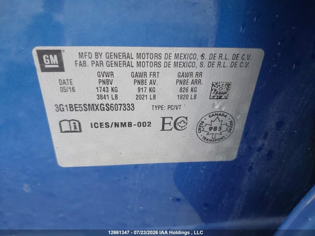 2016 Chevrolet Cruze Lt მანქანა იყიდება აუქციონზე, vin: 3G1BE5SMXGS607333, აუქციონის ნომერი: 12661347