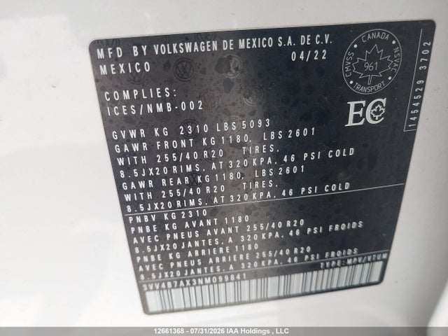 2022 Volkswagen Tiguan Sel R-line მანქანა იყიდება აუქციონზე, vin: 3VV4B7AX3NM099841, აუქციონის ნომერი: 12661368