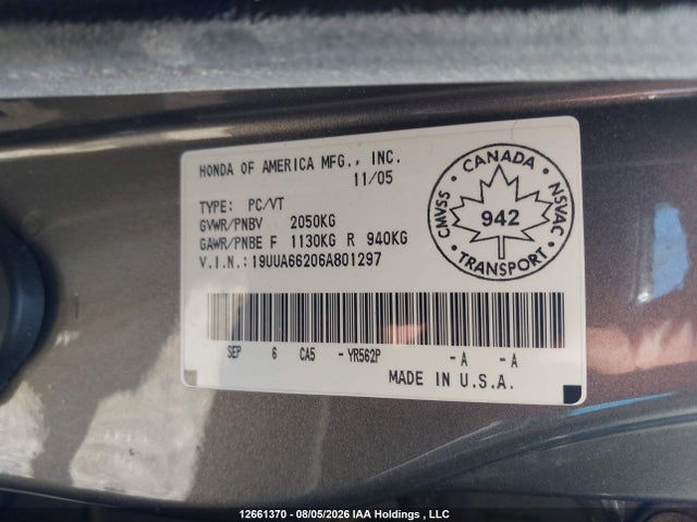 2006 Acura Tl მანქანა იყიდება აუქციონზე, vin: 19UUA66206A801297, აუქციონის ნომერი: 12661370