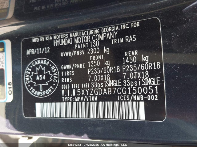 Продажа на аукционе авто 2012 Hyundai Santa Fe Gls, vin: 5XYZGDAB7CG150051, номер лота: 12661373