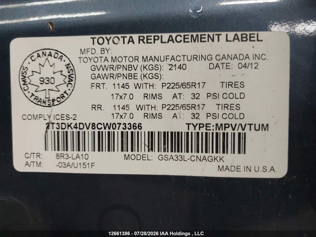 12661386 :رقم المزاد ، 2T3DK4DV8CW073366 vin ، 2012 Toyota Rav4 مزاد بيع