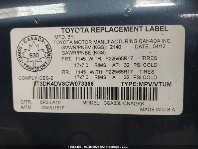 12661386 :رقم المزاد ، 2T3DK4DV8CW073366 vin ، 2012 Toyota Rav4 مزاد بيع